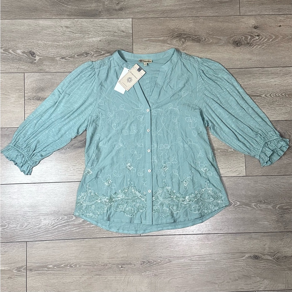 •Sold•  NWT Democracy Elbow Lantern 1/3 Sleeve Embroidered Button Up - Picture 5 of 15